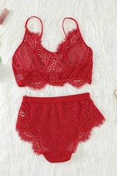 Red Spaghetti Strap Push Up Eyelash Lace Bra Set
